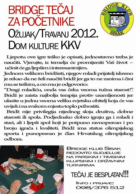 U ožujku i travnju u Sisku besplatni bridge tečaj za početnike U ožujku i travnju u Sisku besplatni bridge tečaj za početnike