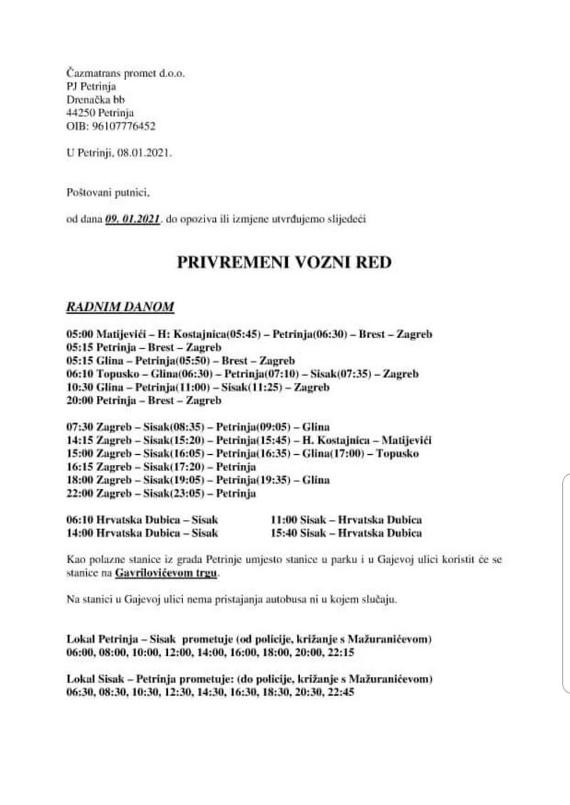 Čazmatrans vozi besplatno na području stradalom u potresu – pogledajte vozni red Čazmatrans vozi besplatno na području stradalom u potresu – pogledajte vozni red