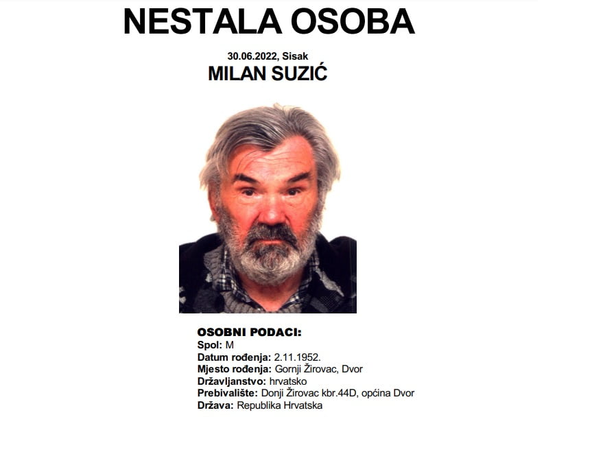 Traga se za 69-godišnjim muškarcom – zadnji put viđen na području Siska Traga se za 69-godišnjim muškarcom – zadnji put viđen na području Siska