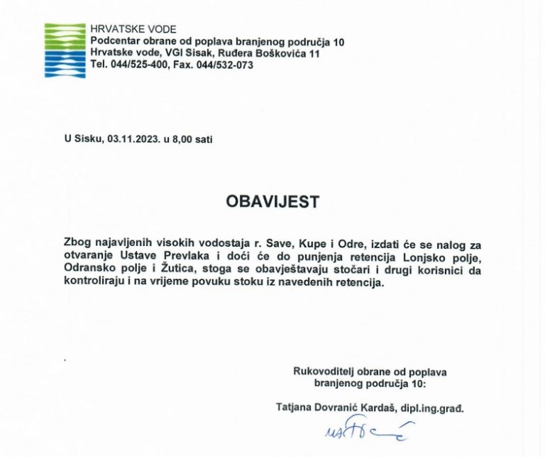 Hrvatske vode: Upozorenje stočarima – doći će do punjenja retencija