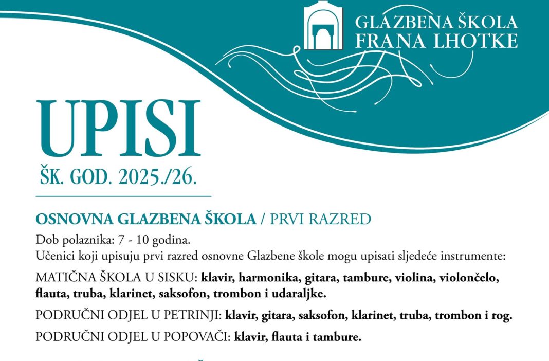 Do 5. lipnja upisi u Glazbenu školu Frana Lhotke Do 5. lipnja upisi u Glazbenu školu Frana Lhotke