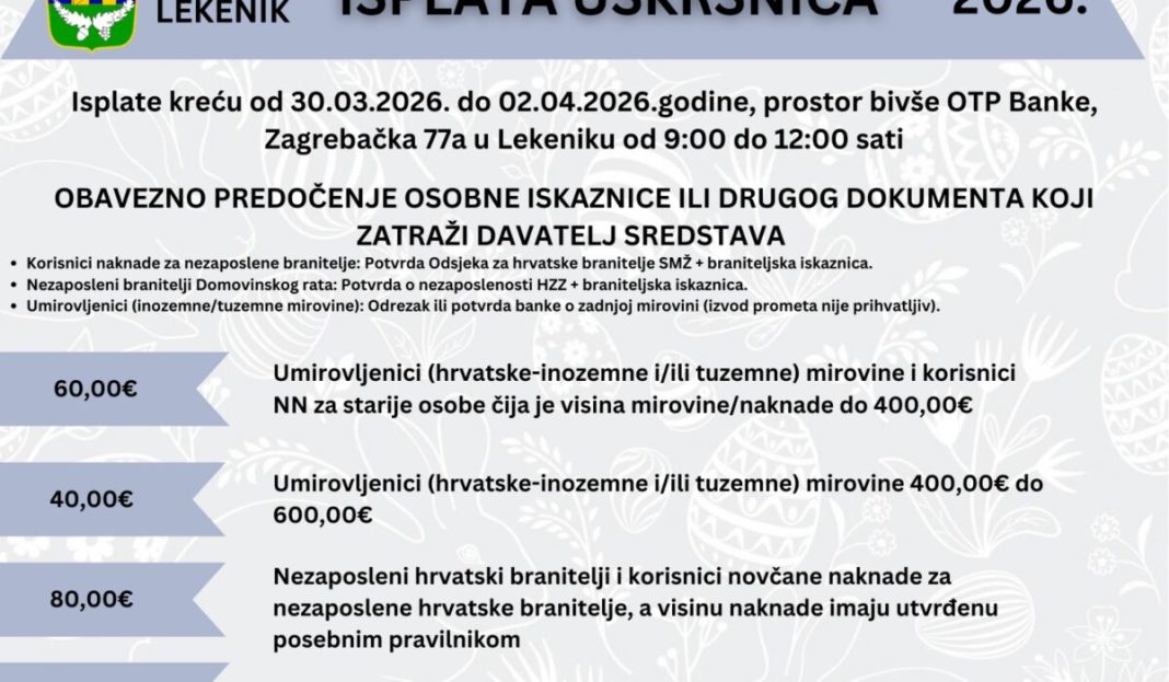 Općina Lekenik dijeli od 40 do 80 eura uskrsnice – cenzus podginut na 600 eura Općina Lekenik dijeli od 40 do 80 eura uskrsnice – cenzus podginut na 600 eura