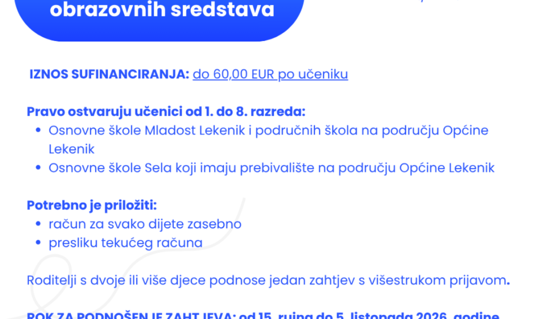 Lekenik sufinancira nabavu drugih obrazovnih i pomoćnih nastavnih sredstava te školskog pribora za učenike osnovnih škola Lekenik sufinancira nabavu drugih obrazovnih i pomoćnih nastavnih sredstava te školskog pribora za učenike osnovnih škola