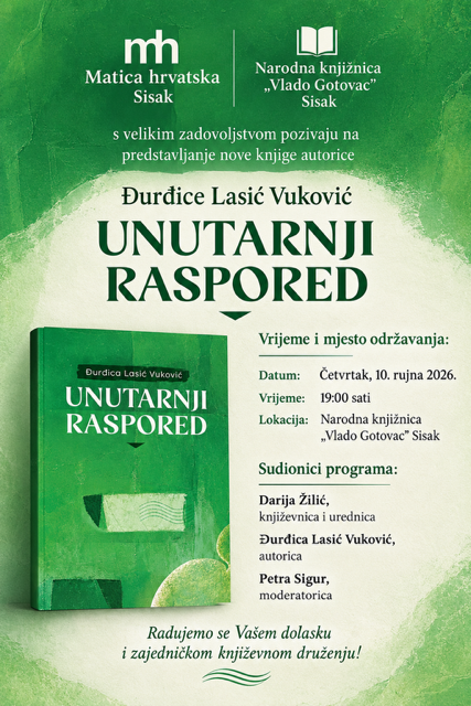 Predstavljanje nove knjige Đurđice Lasić Vuković “UNUTARNJI RASPORED” Predstavljanje nove knjige Đurđice Lasić Vuković “UNUTARNJI RASPORED”