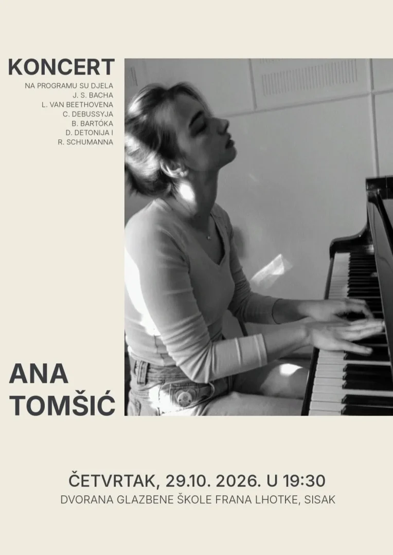 Plakat: Koncert pijanistice Ane Tomšić