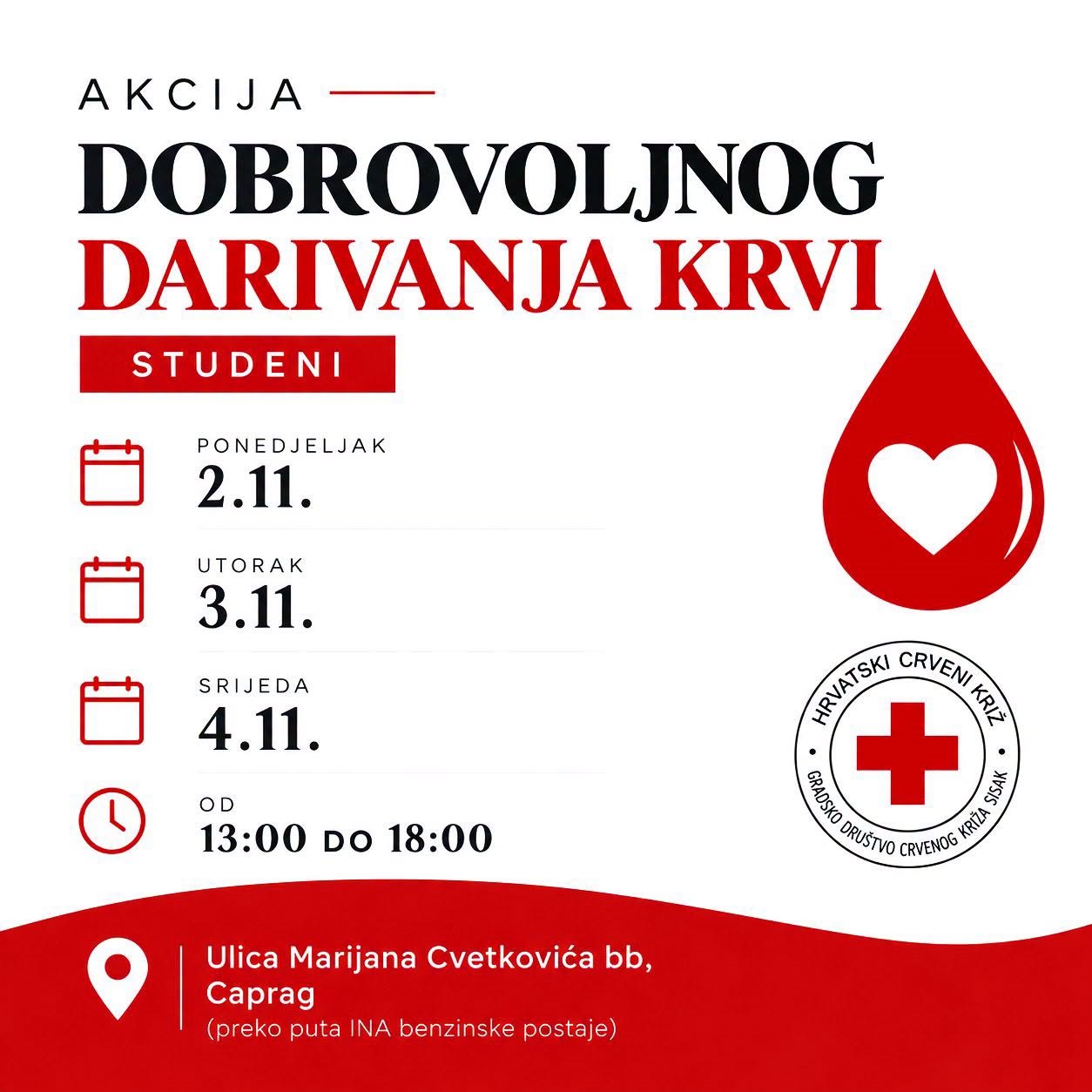 Akcije darivanja krvi u Sisku 2., 3. i 4. studenoga